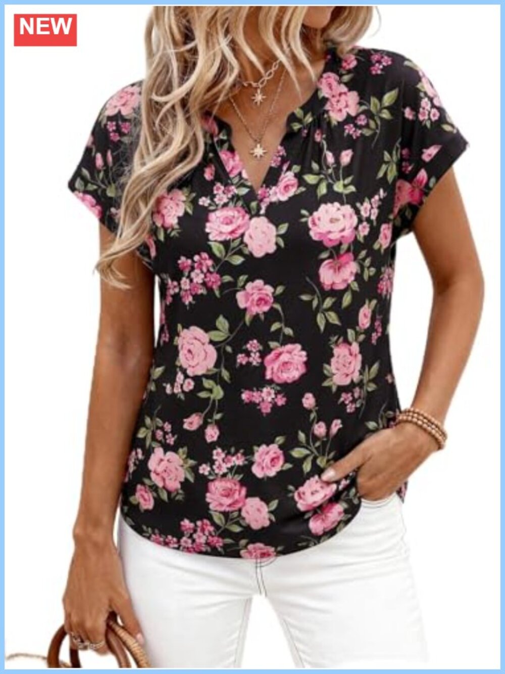 Floral V Neck Short Sleeve Knit T Shirt Loose Fit Casual Top